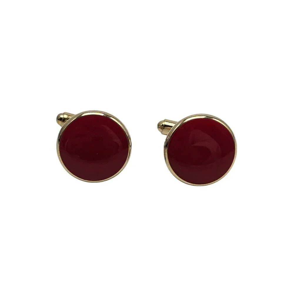 Gold Tone Cufflinks With Red Enamel Round Design Mid Century